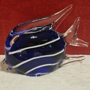 Blue and White Striped Art Glass Angel Fish 6.5 Inches Tall x 5 Inches Long